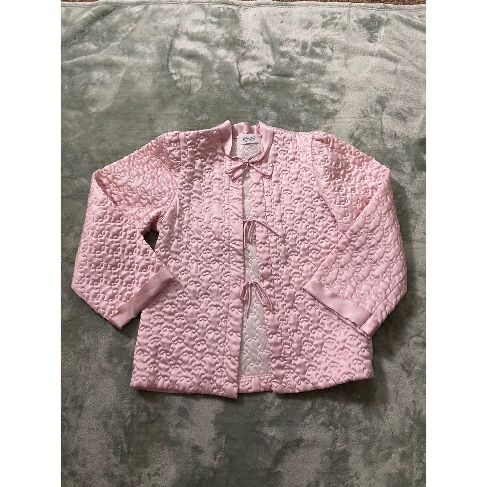Vintage Komar Pink Quilted Heart Robe Jacket Kimono Small Tie Front